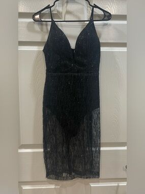Lucy Wang Black Sequin Bodysuit Illusion Dress Size Small
